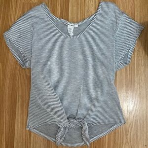 Grey and white striped tee. Size Medium. “Caution to the Wind” Brand Name.